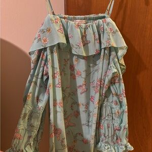 Women’s Cato Mint Green Butterfly Floral Ruffle Blouse Size Large NWOT